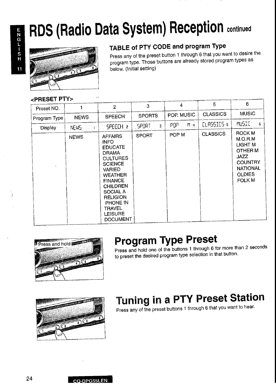 Table of pty code and program type, Rds (radio data system) reception, Program type preset | Tuning in a pty preset station, Continued | Panasonic cq-dpg55len User Manual | Page 24 / 43