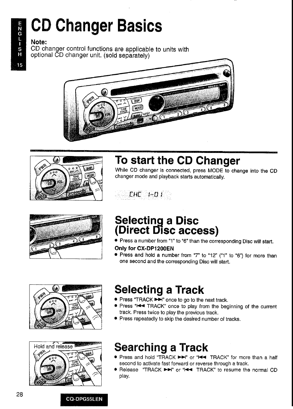Cd changer basics, Note, Selecting a disc (direct | Access), Selecting a track, Searching a track, Only for cx-dp1200en | Panasonic cq-dpg55len User Manual | Page 28 / 43
