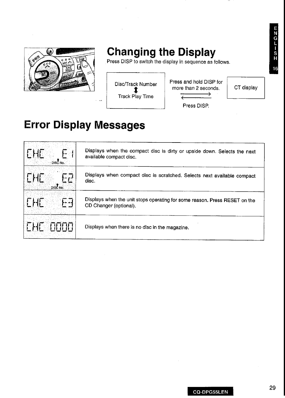 Changing the display, Error display messages, Cic ee | Chd e3 | Panasonic cq-dpg55len User Manual | Page 29 / 43