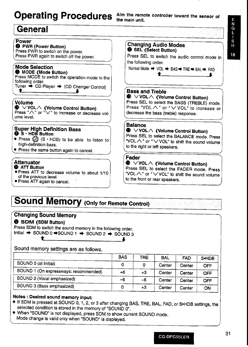 General, Power, Volume | Super high definition bass о s * hdb button, Attenuator, Bass and treble, Balance, Fader, Sound memory (only for remote control), Changing sound memory | Panasonic cq-dpg55len User Manual | Page 31 / 43