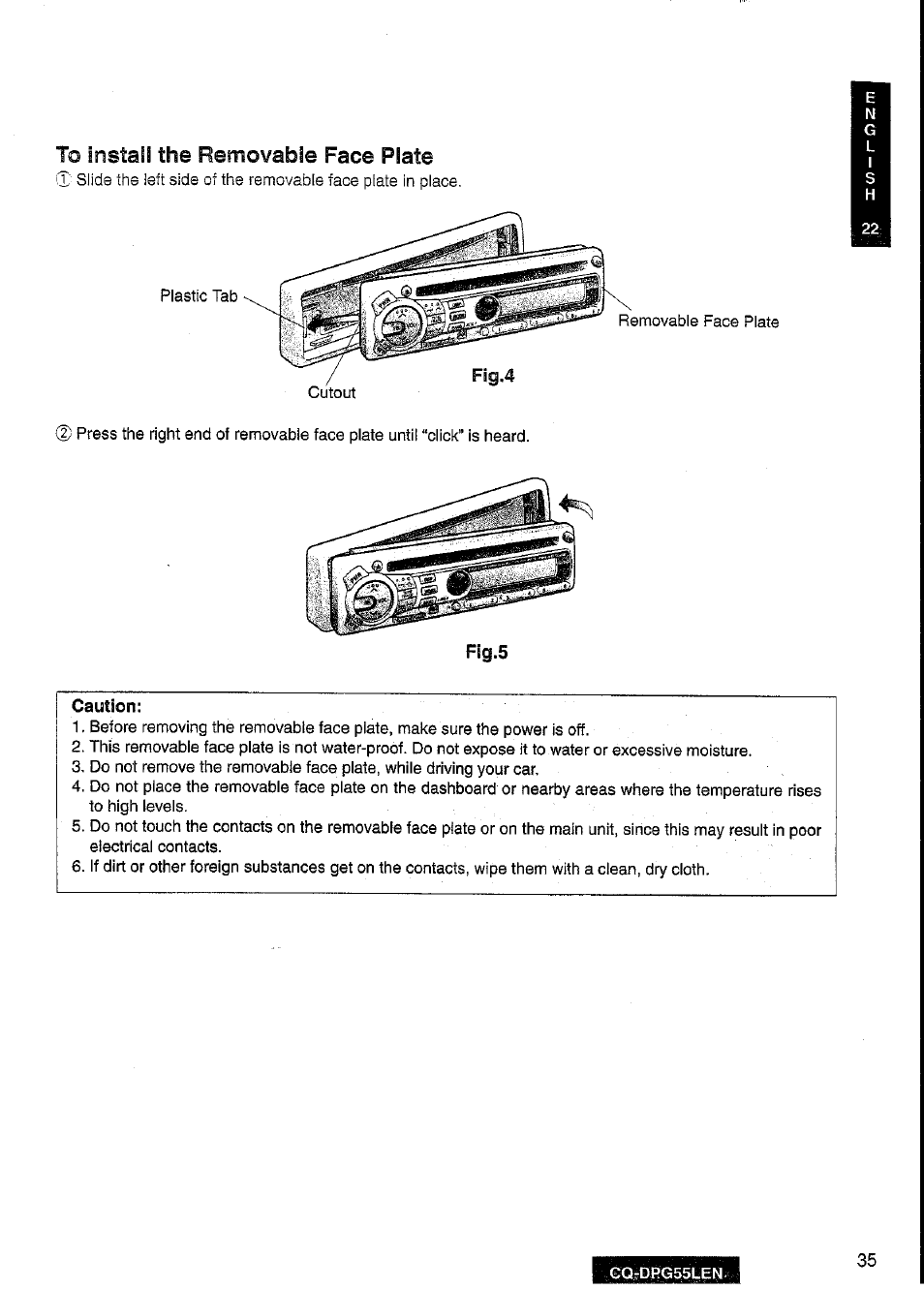To install the removable face plate | Panasonic cq-dpg55len User Manual | Page 35 / 43