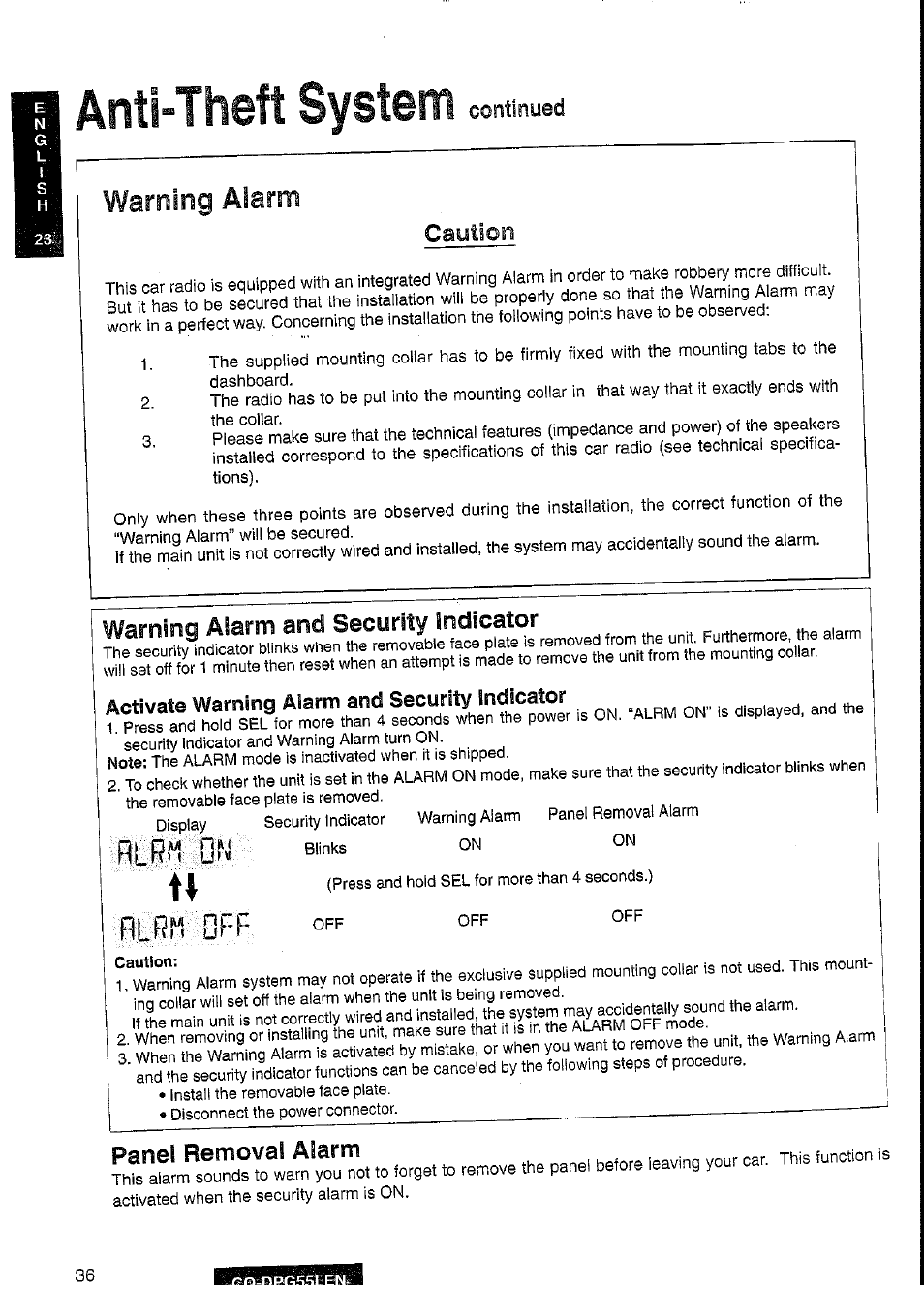 Anti-theft system, Continued, Warning alarm | Caution, Warning alarm and security indicator, Activate warning alarm and security indicator, Pane! removal alarm | Panasonic cq-dpg55len User Manual | Page 36 / 43