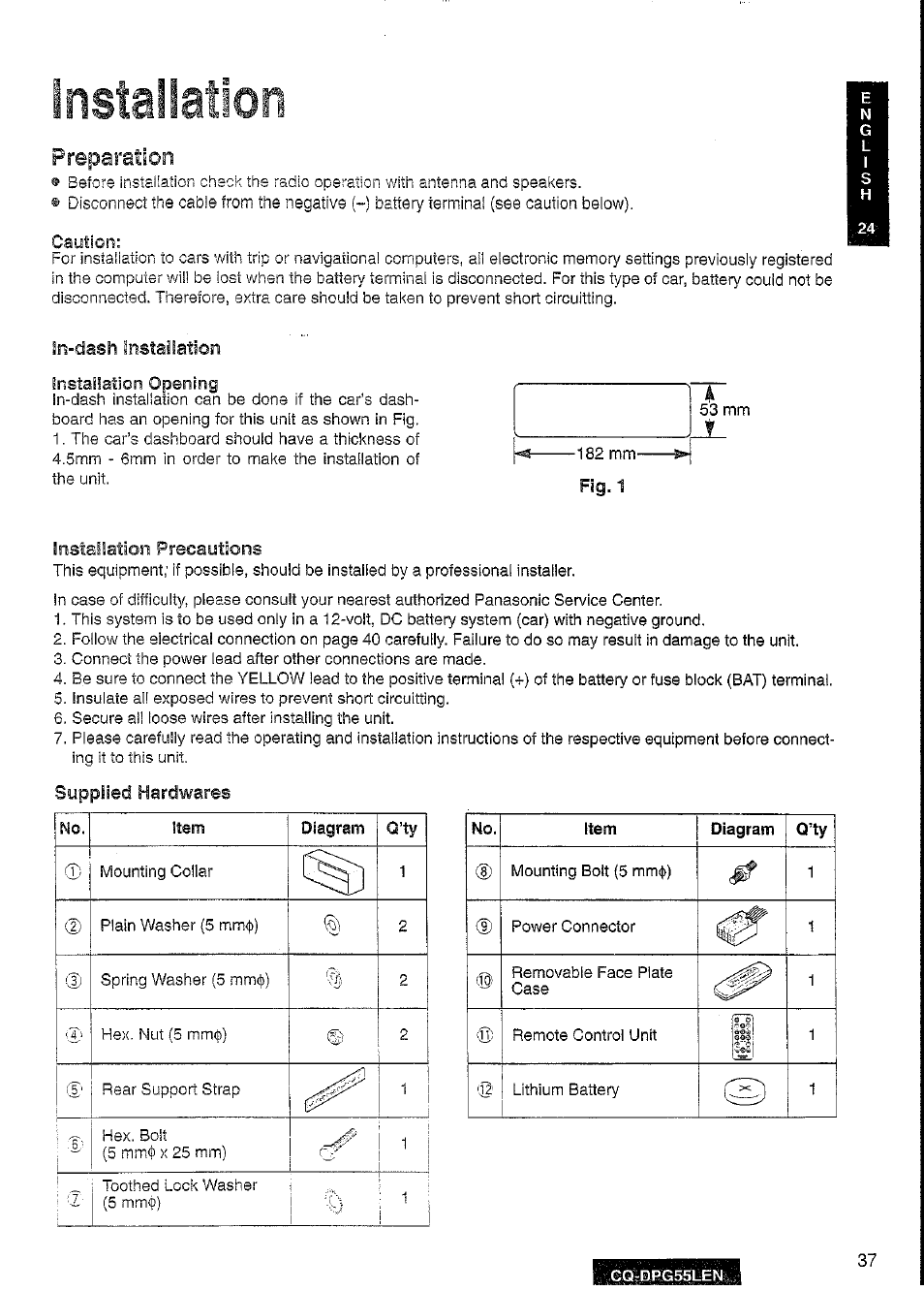 Installation, Preparation | Panasonic cq-dpg55len User Manual | Page 37 / 43