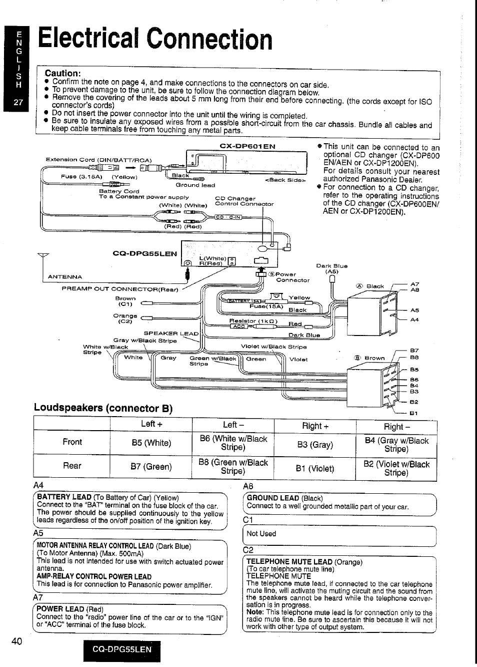 Electrical connection | Panasonic cq-dpg55len User Manual | Page 40 / 43