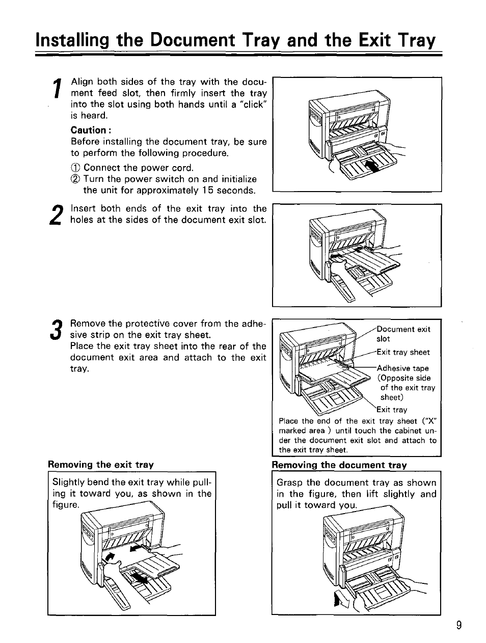 Installing the document tray and the exit tray, Caution, Removing the exit tray | Panasonic KV-SS25D User Manual | Page 9 / 20