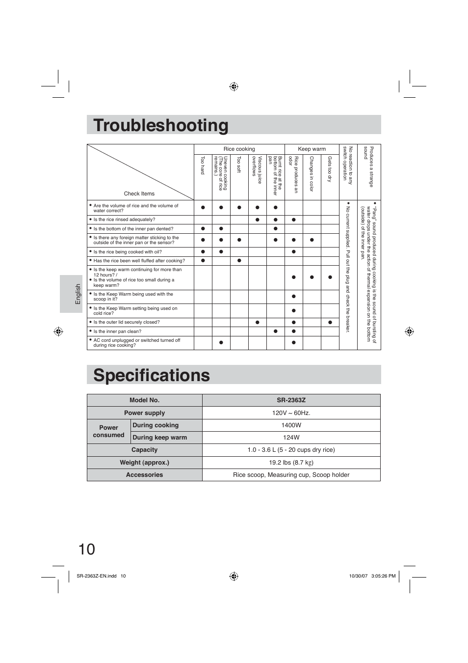 Troubleshooting, Specifications, Specià cations | Panasonic SR2363Z User Manual | Page 10 / 63