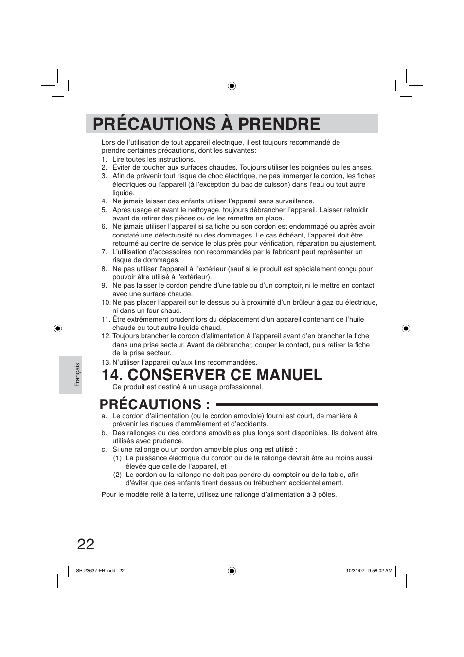 Précautions à prendre, Conserver ce manuel, Précautions | Panasonic SR2363Z User Manual | Page 22 / 63