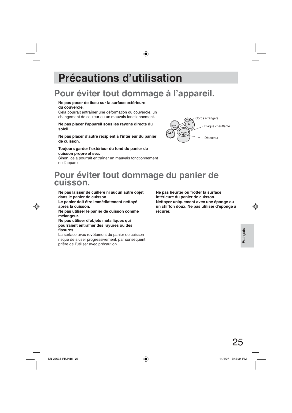 Précautions d’utilisation | Panasonic SR2363Z User Manual | Page 25 / 63