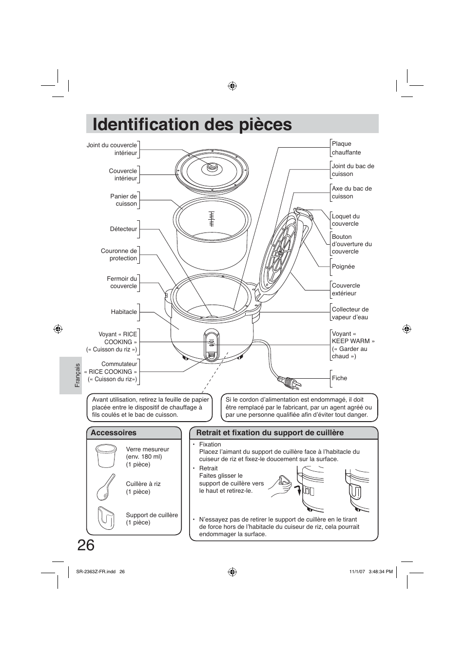 Identification des pièces, Identià cation des pièces | Panasonic SR2363Z User Manual | Page 26 / 63