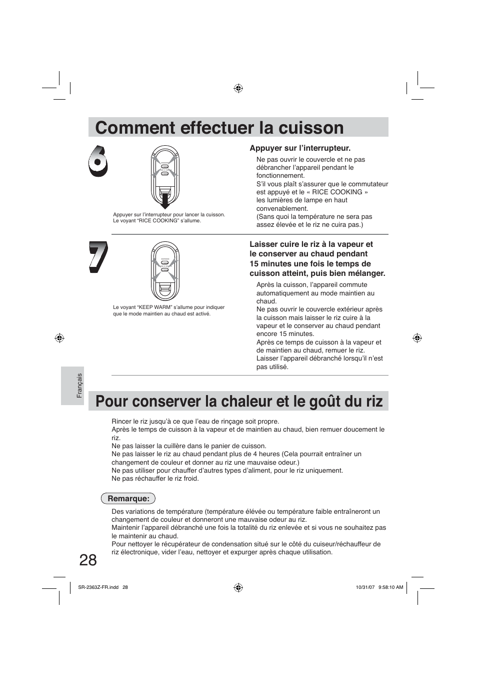 Pour conserver la chaleur et legoût du riz, Comment effectuer la cuisson, Pour conserver la chaleur et le goût du riz | Panasonic SR2363Z User Manual | Page 28 / 63