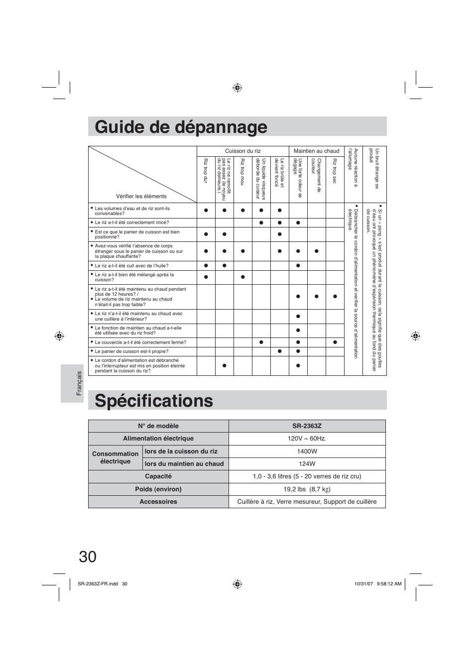 Guide de dépannage, Spécifications, Spécià cations | Panasonic SR2363Z User Manual | Page 30 / 63