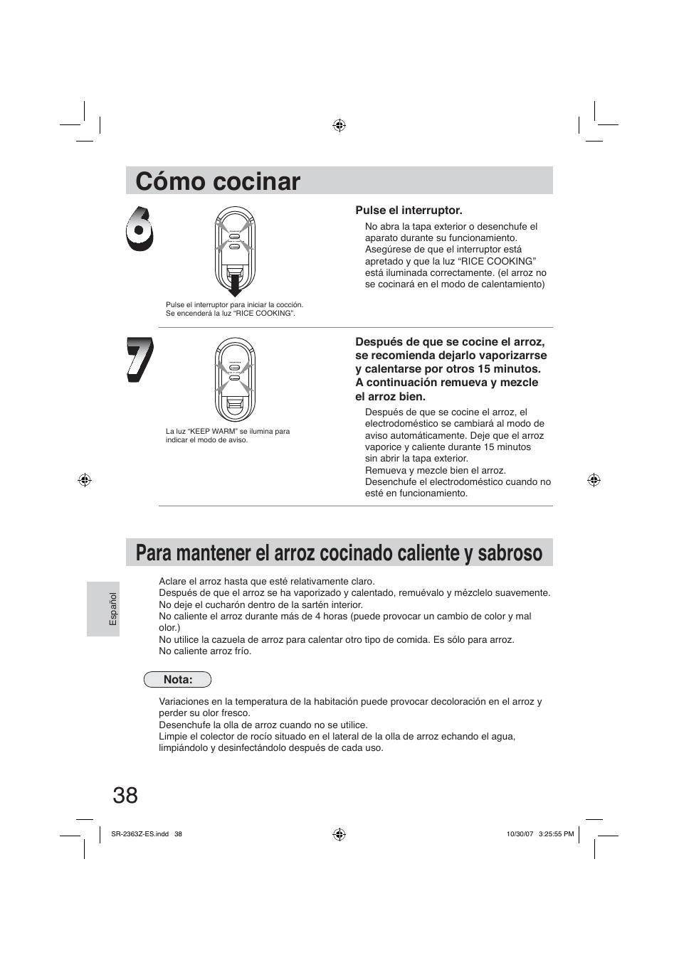 Para mantener el arroz cocinadocaliente y sabroso, Cómo cocinar, Para mantener el arroz cocinado caliente y sabroso | Panasonic SR2363Z User Manual | Page 38 / 63