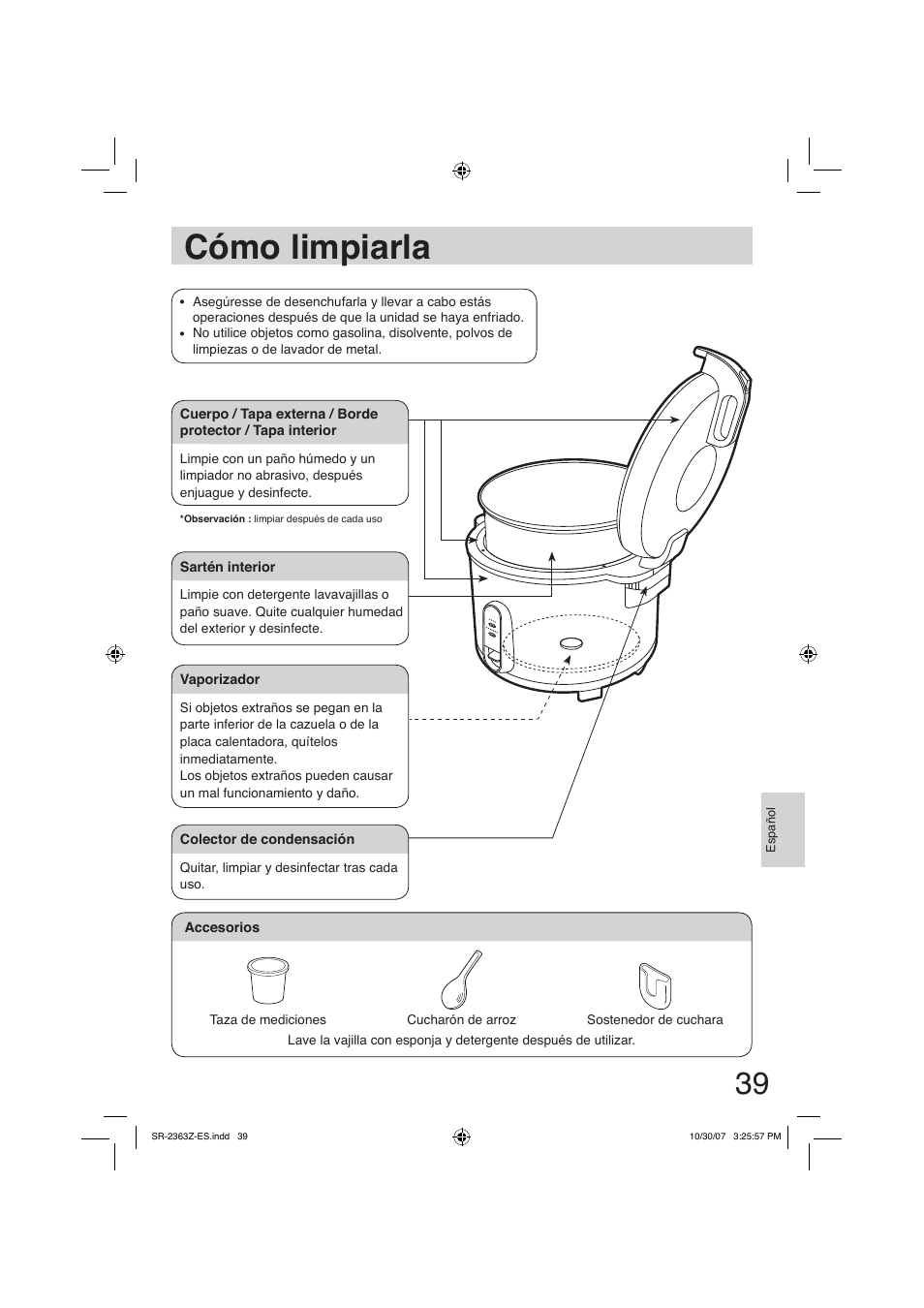 Cómo limpiarla | Panasonic SR2363Z User Manual | Page 39 / 63
