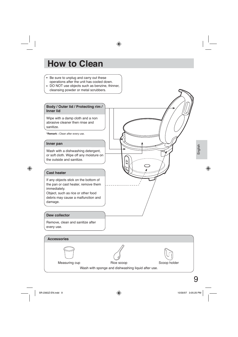 How to clean | Panasonic SR2363Z User Manual | Page 9 / 63