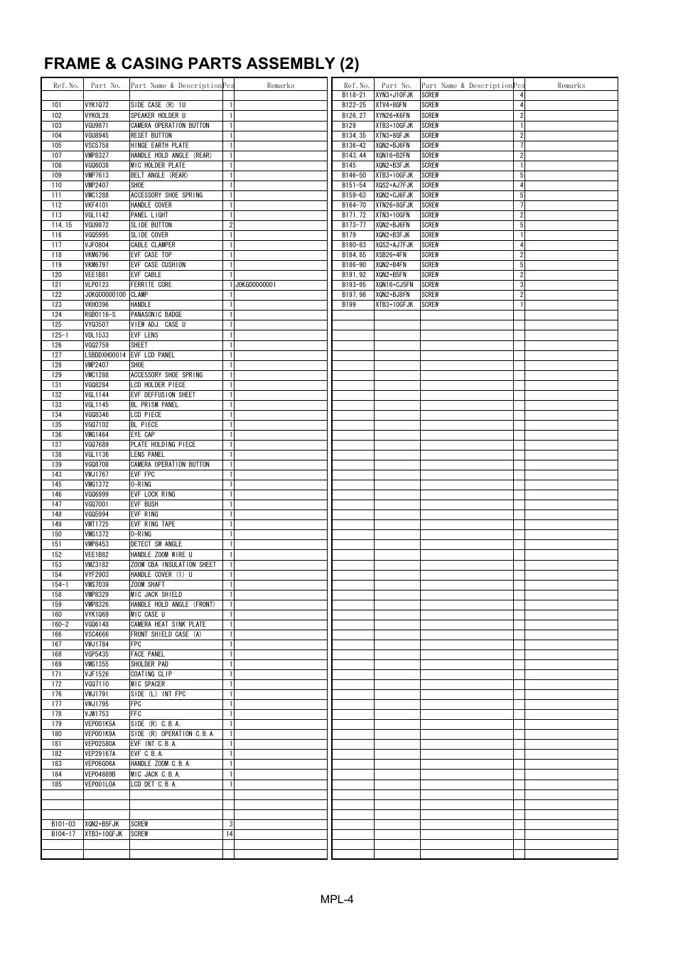 Frame & casing parts assembly (2), Mpl-4 | Panasonic AG-DVC20P User Manual | Page 5 / 9
