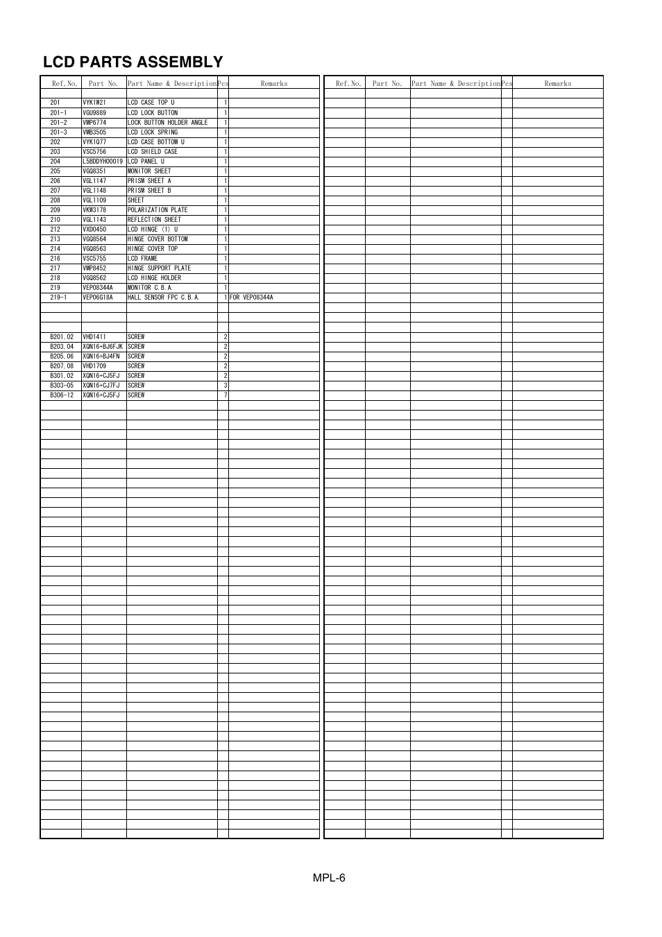 Lcd parts assembly, Mpl-6 | Panasonic AG-DVC20P User Manual | Page 7 / 9