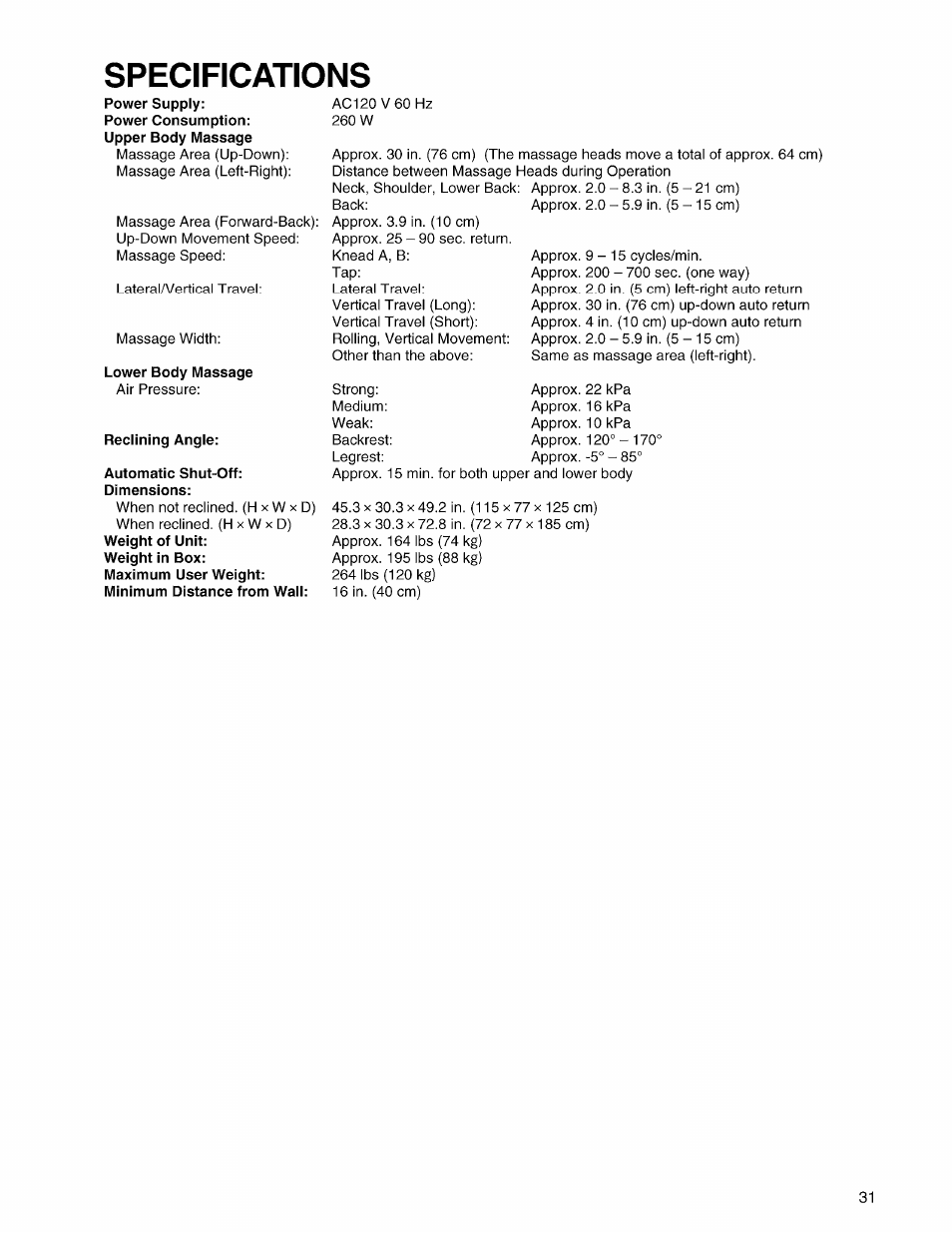 Lower body massage, Reclining angle, Automatic shut-off: dimensions | Specifications | Panasonic EP3203 User Manual | Page 33 / 98