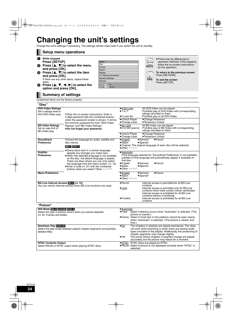 Changing the unit’s settings, Setup menu operations, Summary of settings | Panasonic DMP-BD35 User Manual | Page 24 / 40