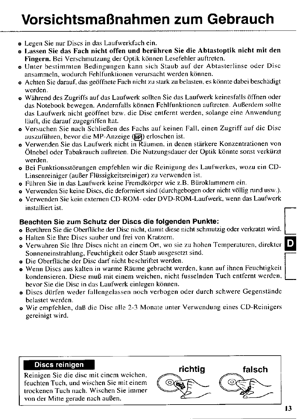 Vorsichtsmaßnahmen zum gebrauch, Falsch | Panasonic CF-VDR721 User Manual | Page 13 / 28