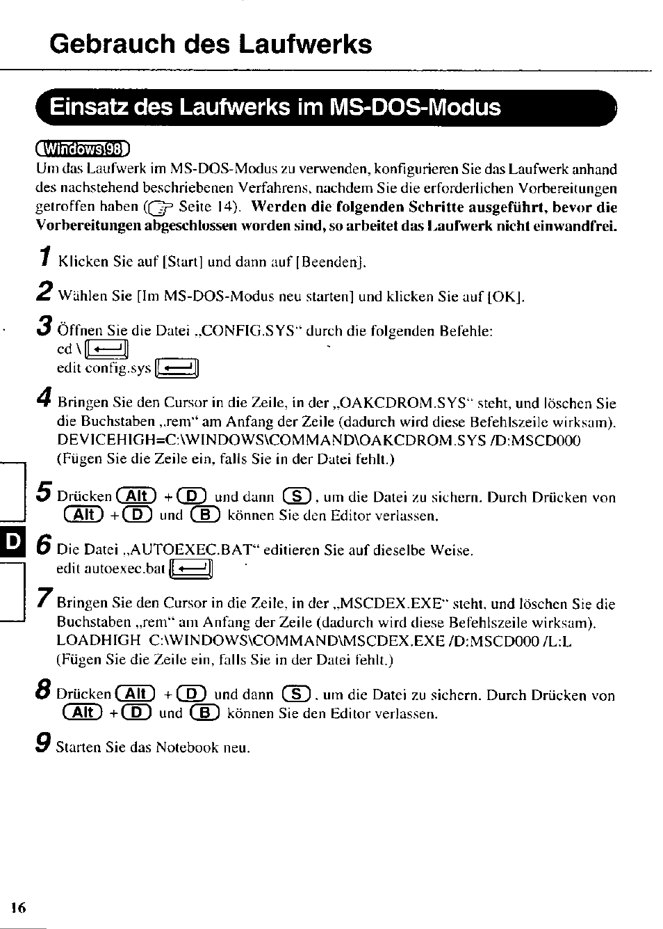 Einsatz des laufwerks im ms-dos-modus, Gebrauch des laufwerks | Panasonic CF-VDR721 User Manual | Page 16 / 28