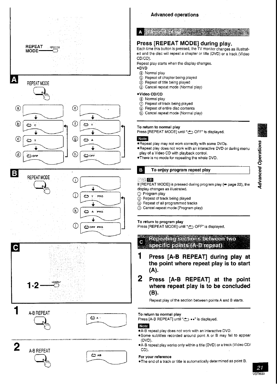 2 -o, Press [repeat mode] during play, To enjoy program repeat play | Panasonic DVD-RV40 User Manual | Page 21 / 44