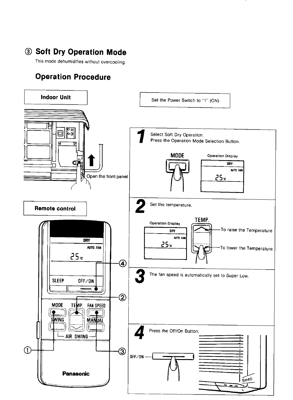 Indoor unit, Remote control, Panasonic | Soft dry operation mode, Operation procedure | Panasonic CS-1873KR User Manual | Page 11 / 22