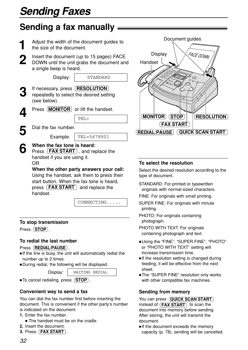 Sending faxes, Sending a fax manually | Panasonic KX-FL501C User Manual | Page 32 / 82