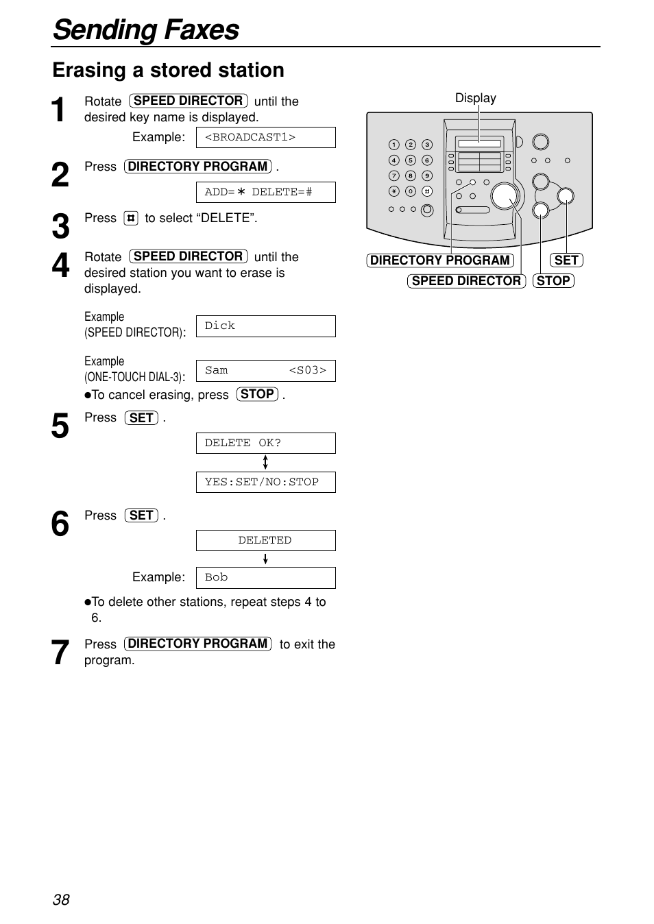 Sending faxes, Erasing a stored station | Panasonic KX-FL501C User Manual | Page 38 / 82