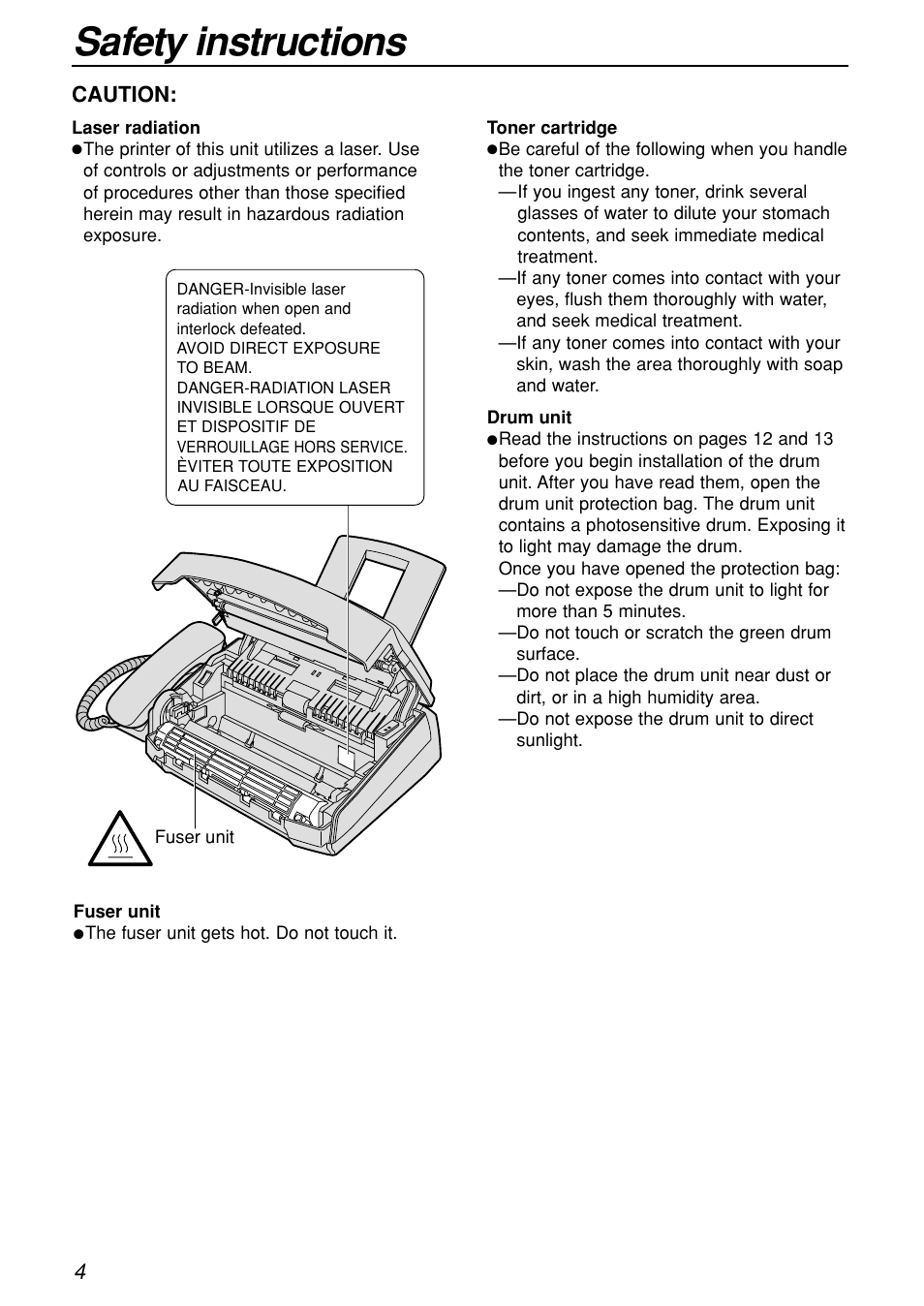 Safety instructions, Caution | Panasonic KX-FL501C User Manual | Page 4 / 82