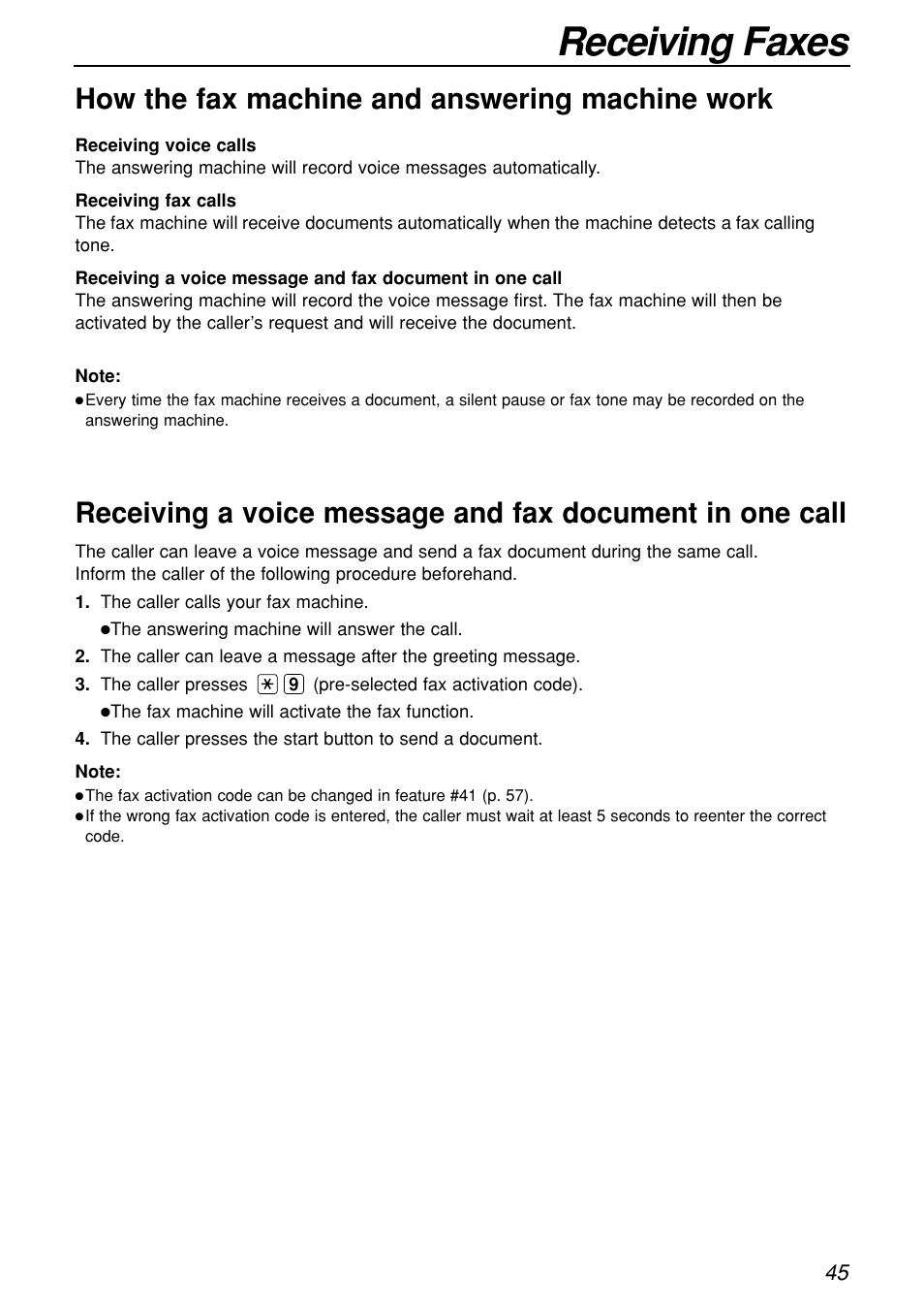 Receiving faxes, How the fax machine and answering machine work | Panasonic KX-FL501C User Manual | Page 45 / 82