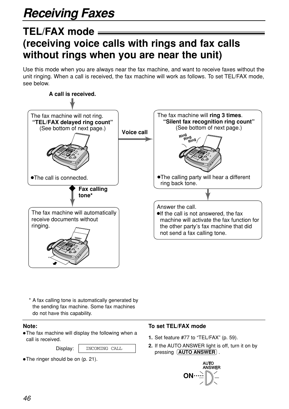 Receiving faxes | Panasonic KX-FL501C User Manual | Page 46 / 82