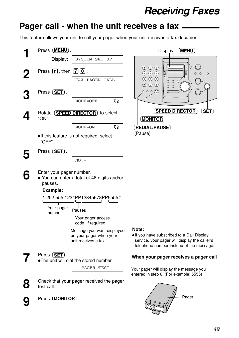 Receiving faxes, Pager call - when the unit receives a fax | Panasonic KX-FL501C User Manual | Page 49 / 82