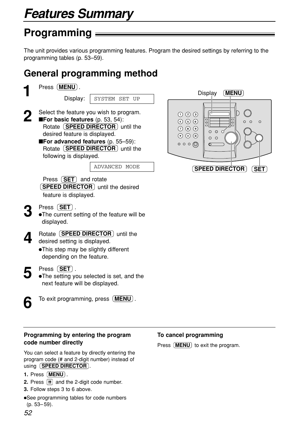 Programmable features, Features summary, Programming | General programming method | Panasonic KX-FL501C User Manual | Page 52 / 82