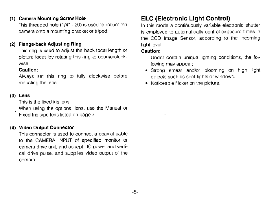 1) camera mounting screw hole, 2) flange-back adjusting ring, Elc (electronic light control) | 3) lens, 4) video output connector | Panasonic WV-BP70 User Manual | Page 7 / 18