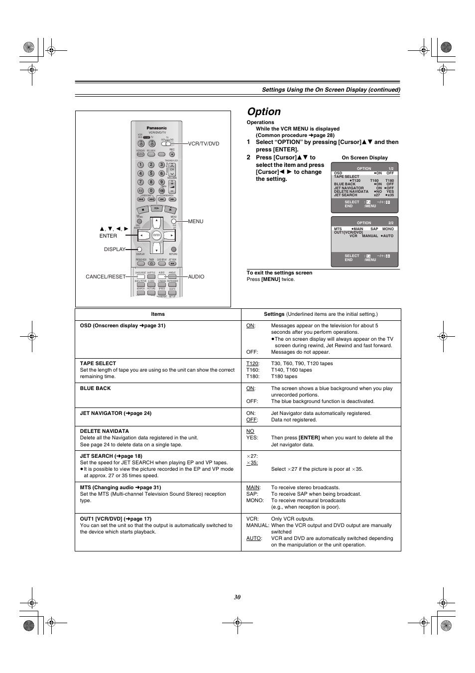 Option, Settings using the on screen display (continued) | Panasonic AG-VP300P User Manual | Page 30 / 64