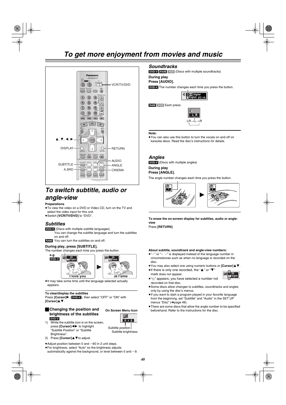 To get more enjoyment from movies and music, Subtitles, Soundtracks | Angles | Panasonic AG-VP300P User Manual | Page 40 / 64