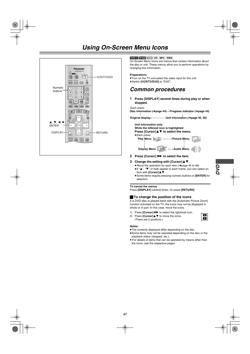 Using on-screen menu icons, Using on-screen menu icons common procedures, Common procedures | Dv d, ª to change the position of the icons | Panasonic AG-VP300P User Manual | Page 43 / 64