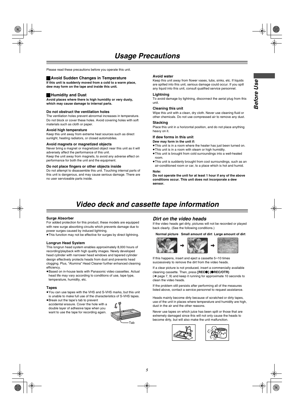 Usage precautions, Video deck and cassette tape information, Be fo re u s e | Dirt on the video heads | Panasonic AG-VP300P User Manual | Page 5 / 64