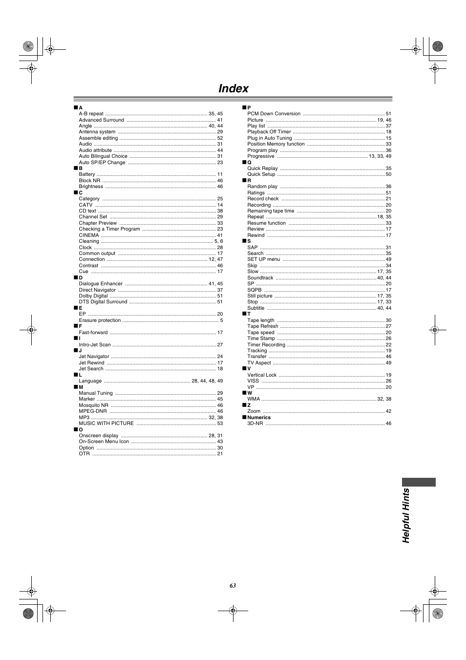 Index, Helpful hin ts | Panasonic AG-VP300P User Manual | Page 63 / 64