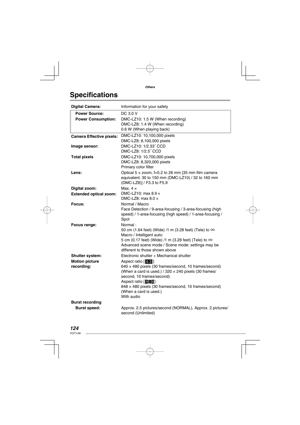 Specifications, Specifi cations | Panasonic DMC-LZ8 User Manual | Page 124 / 140