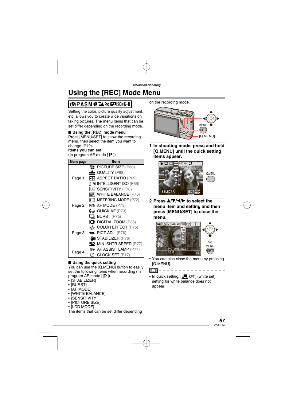Using the [rec] mode menu | Panasonic DMC-LZ8 User Manual | Page 67 / 140