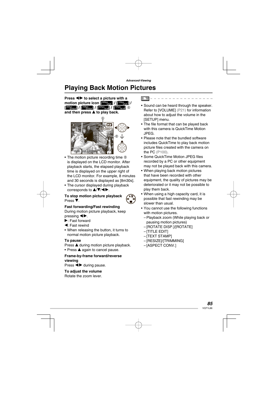 Playing back motion pictures | Panasonic DMC-LZ8 User Manual | Page 85 / 140