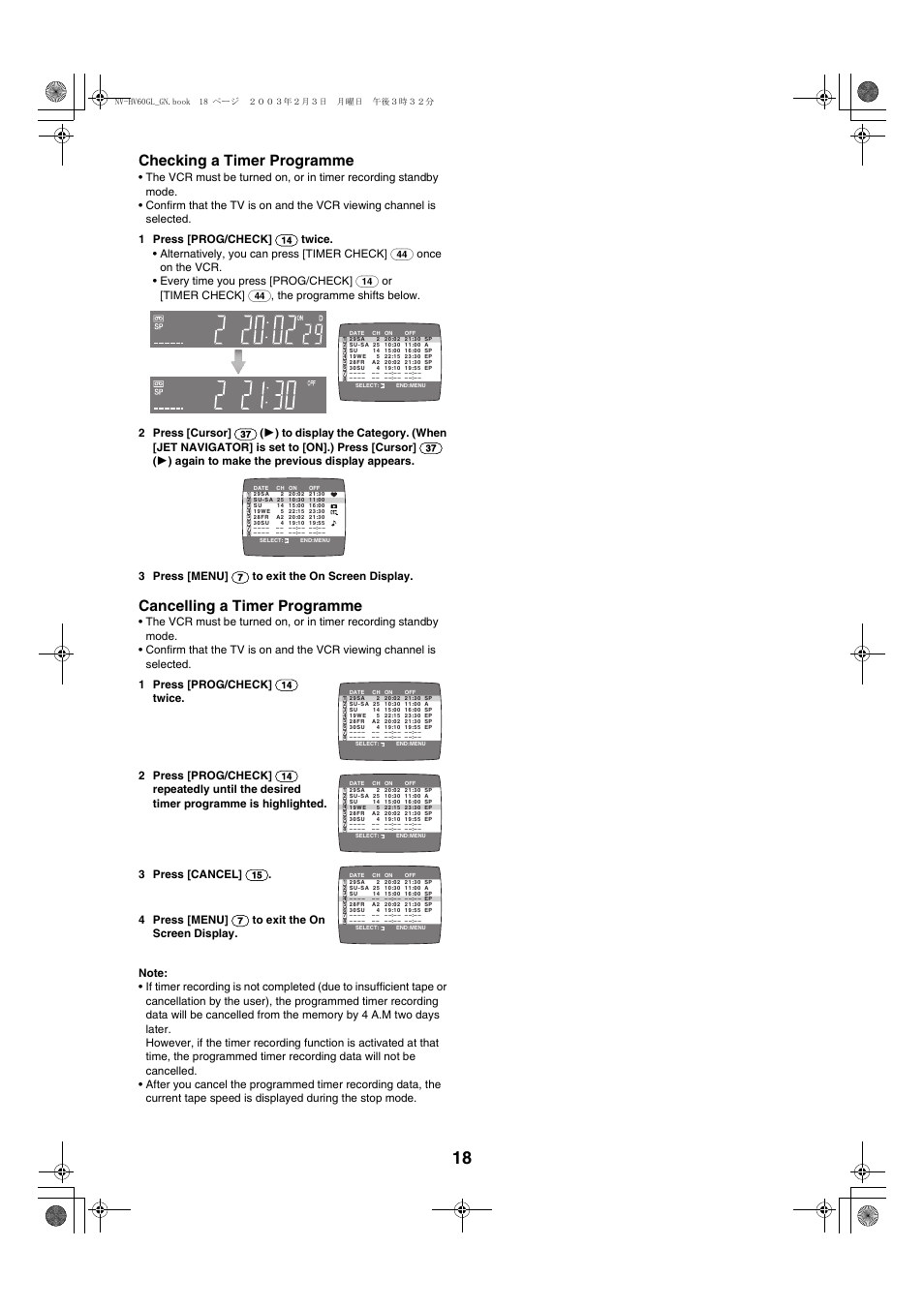 Checking a timer programme, Cancelling a timer programme | Panasonic NV-HV60  EN User Manual | Page 18 / 24