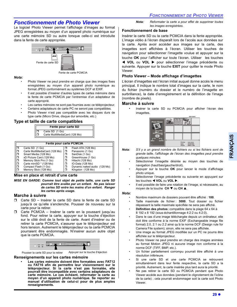 Fonctionnement de photo viewer, Français, Type et taille de carte compatibles | Marche à suivre | Panasonic PT-50DL54X User Manual | Page 101 / 112