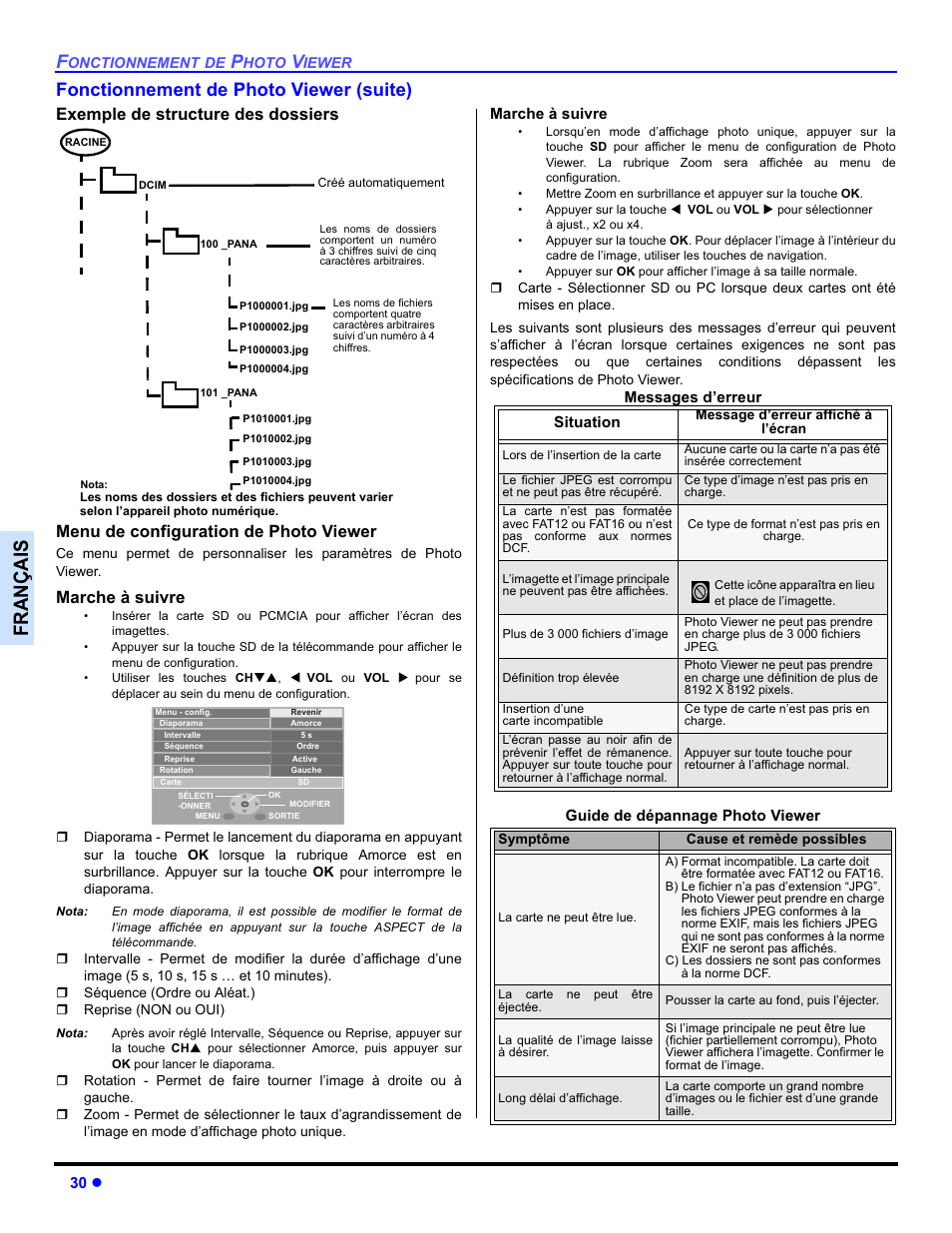 Français, Fonctionnement de photo viewer (suite), Marche à suivre | Panasonic PT-50DL54X User Manual | Page 102 / 112