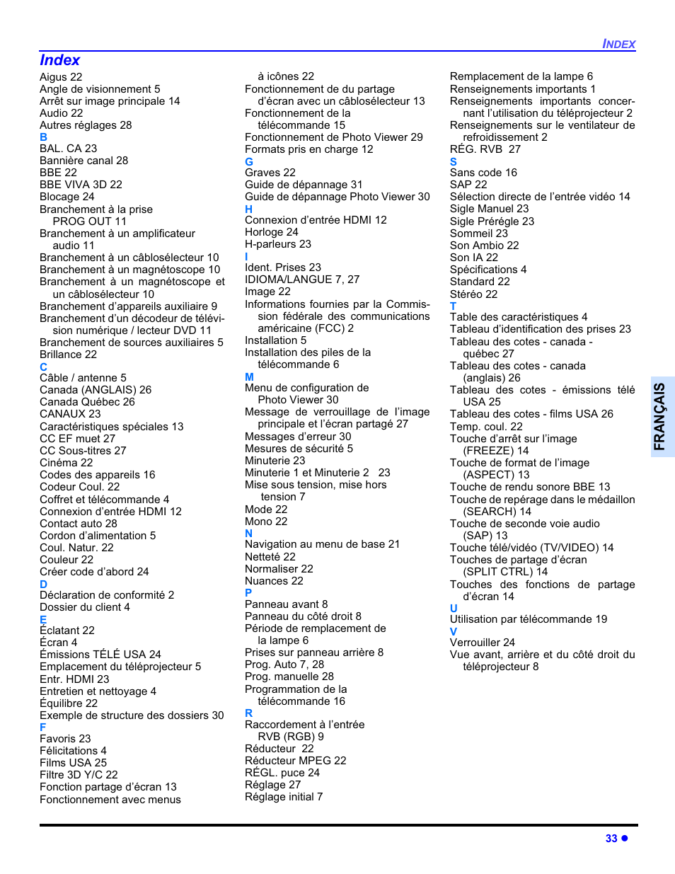 Index, Français | Panasonic PT-50DL54X User Manual | Page 105 / 112