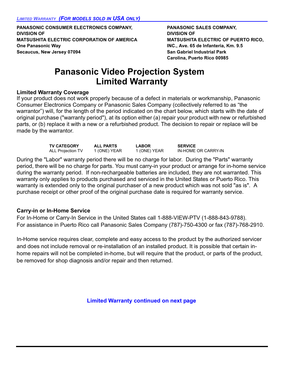 Panasonic video projection system limited warranty | Panasonic PT-50DL54X User Manual | Page 106 / 112
