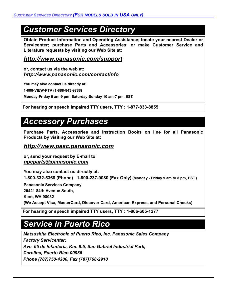 Service in puerto rico, Accessory purchases, Customer services directory | Panasonic PT-50DL54X User Manual | Page 108 / 112