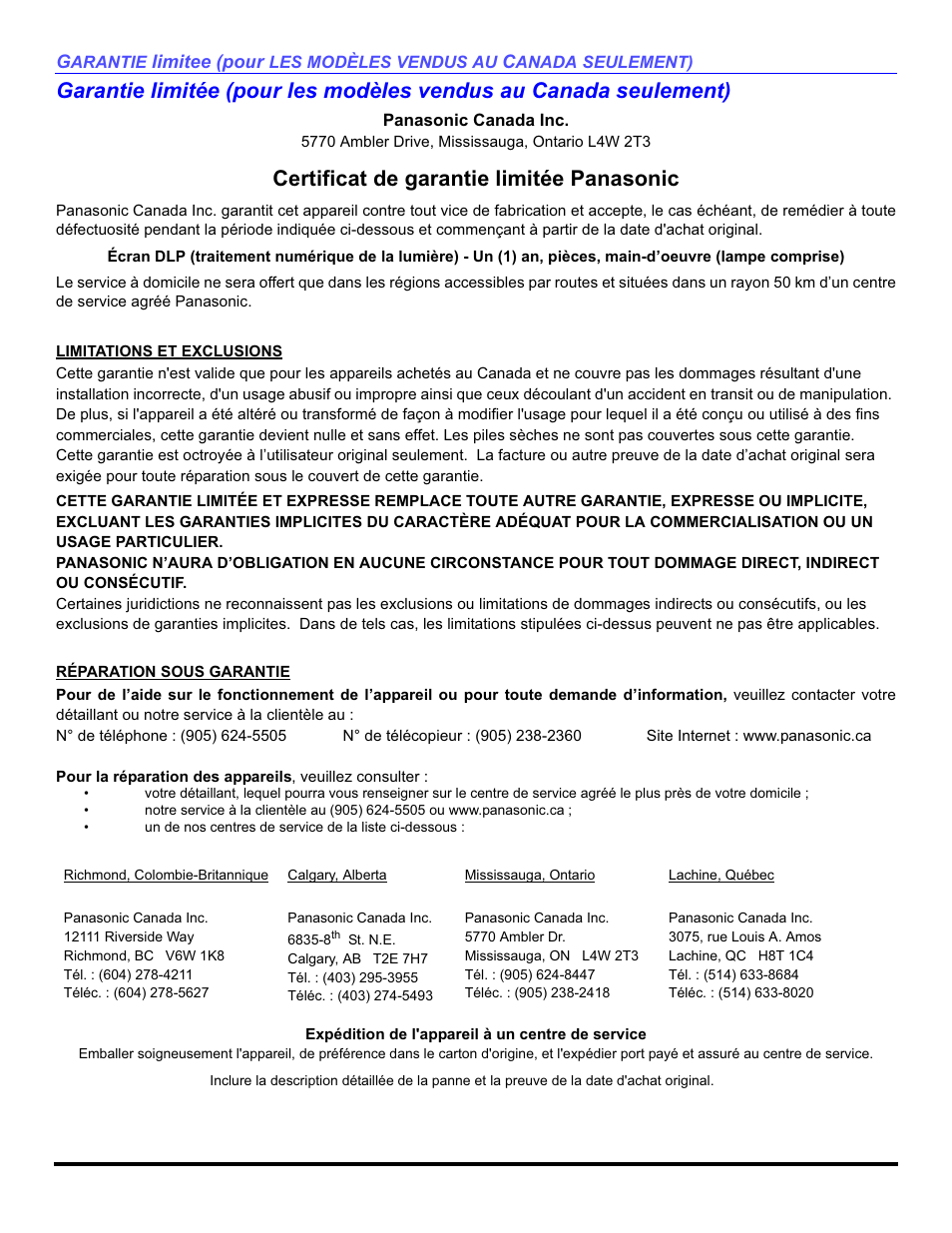 Certificat de garantie limitée panasonic | Panasonic PT-50DL54X User Manual | Page 110 / 112