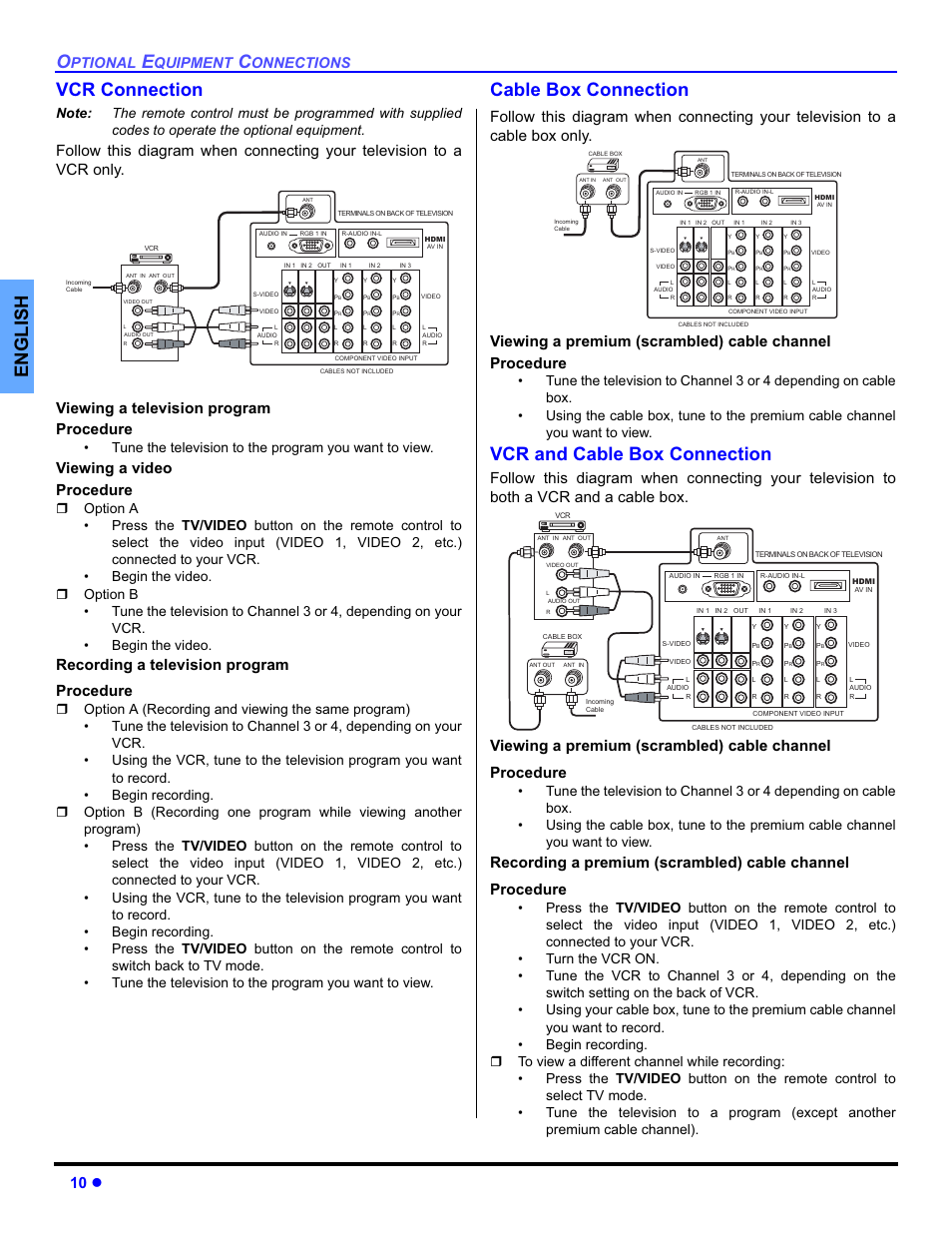 Cable box, Vcr and cable box, English vcr connection | Cable box connection, Vcr and cable box connection, 10 z, Viewing a video procedure, Recording a television program procedure, Ptional, Quipment | Panasonic PT-50DL54X User Manual | Page 12 / 112